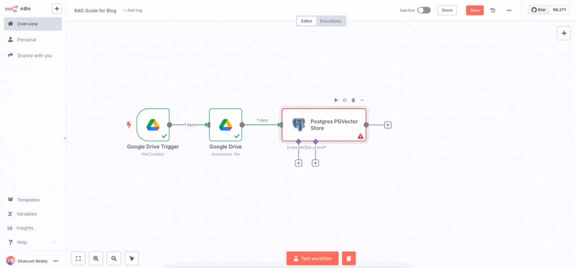 Configuring Data Loader and Text Splitter nodes